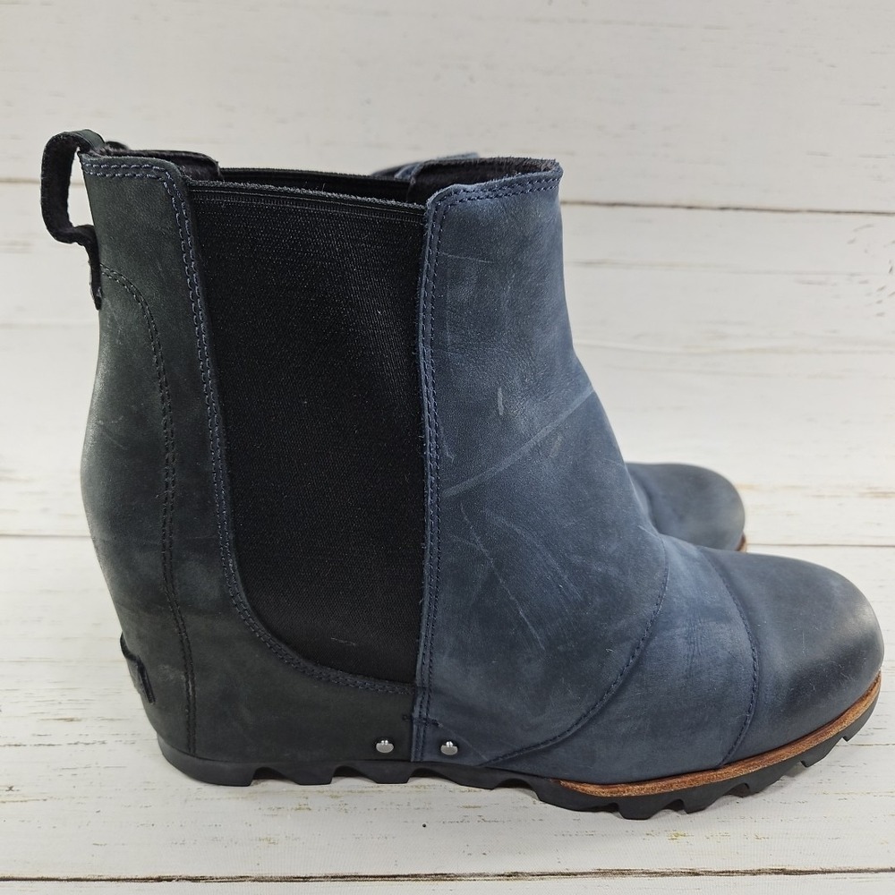 Sorel Lea Wedge Chelsea Womens 10 Blue Black Leather Ankle Boots NL2704-464 - Picture 5 of 10